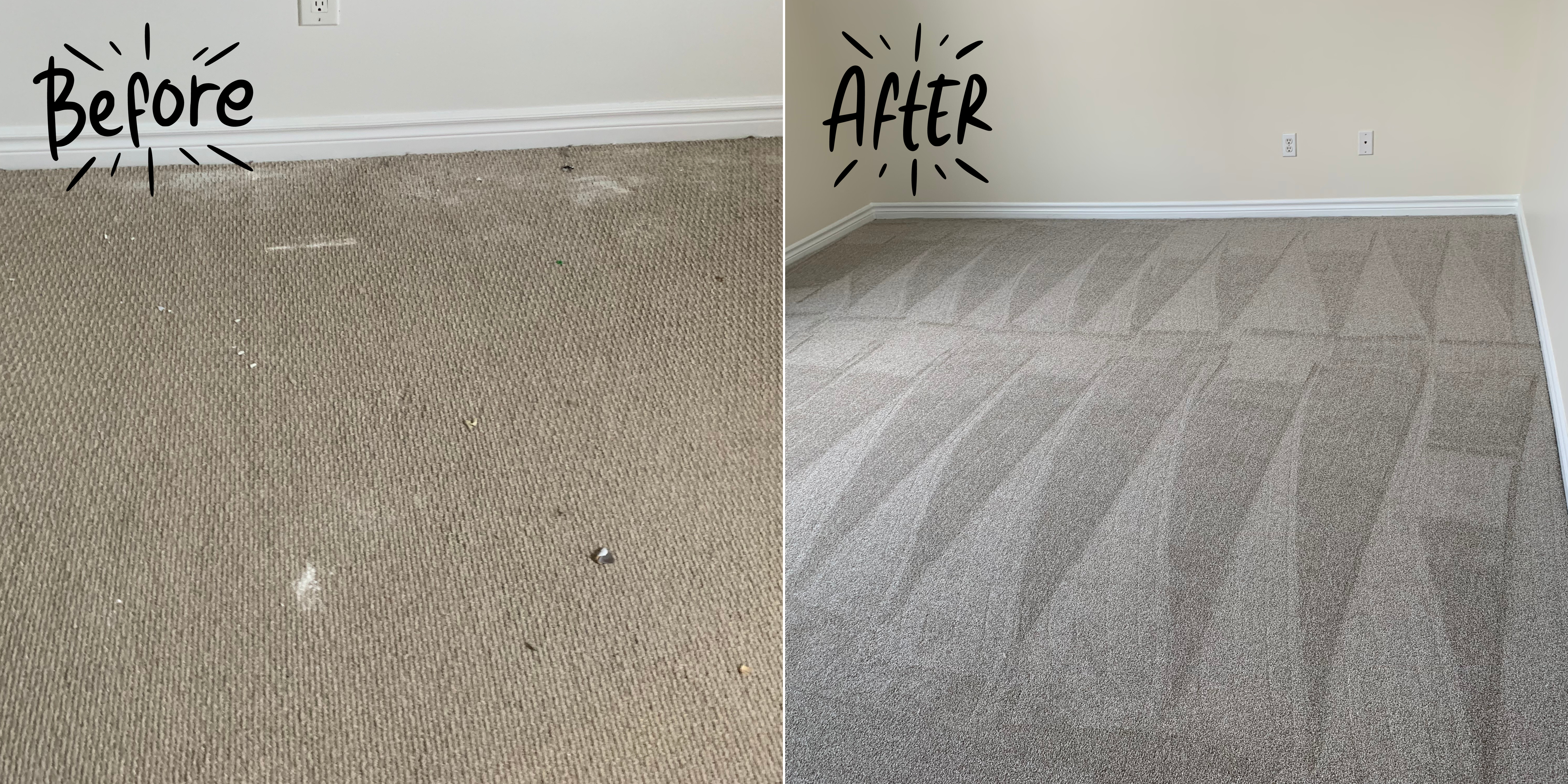 A before and after picture of the carpet in the room.