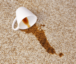 A coffee cup sitting on the ground with brown stains.