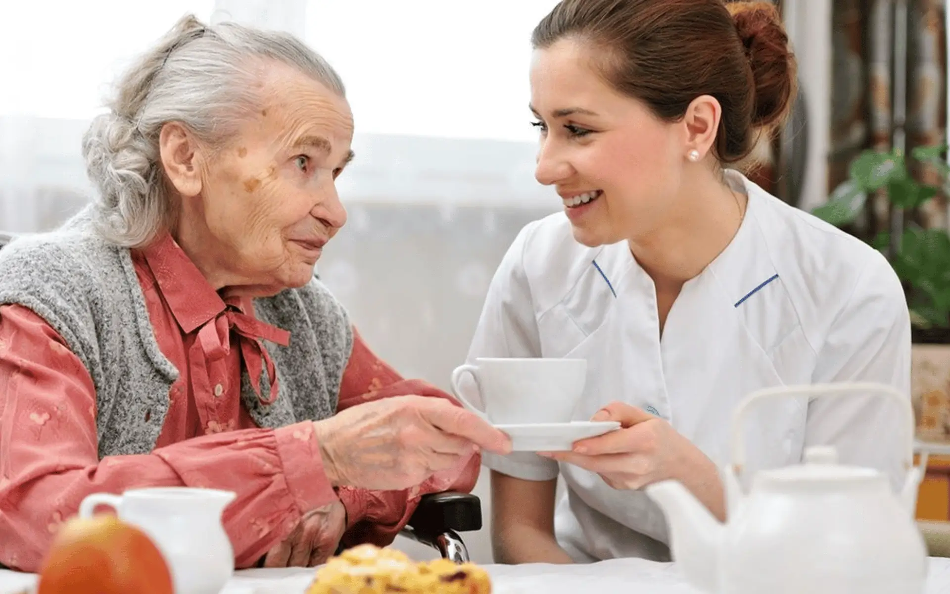 A woman and an old lady sitting at a table.