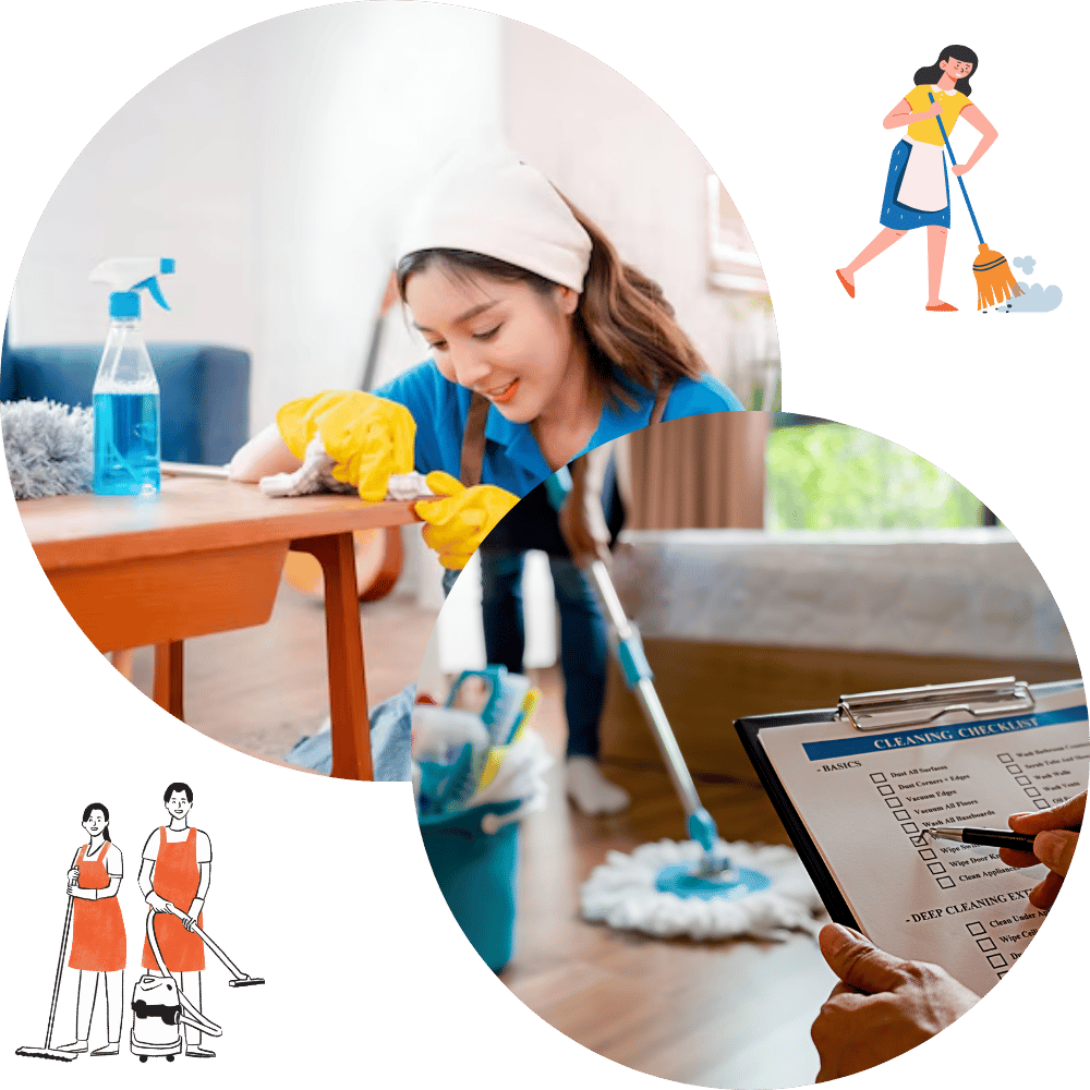 A woman is cleaning the floor with a mop.